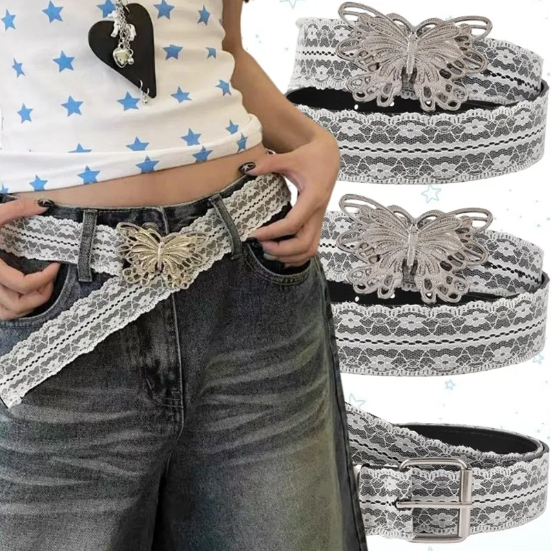 Y2K Lace Belt Women Butterfly Buckle Waist Belt Korean Style PU Leather Bowknot Waistband for Jeans Party Cosplay Accessories