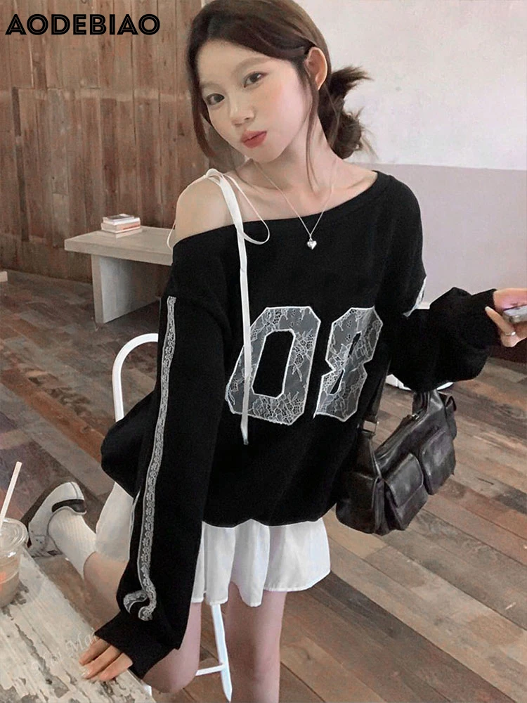AODEBIAO Black Hoodie Women Autumn Winter Long Sleeves Fashion Print Hoodie Sexy Off-shoulder Casual Hoodie Women New Streetwear