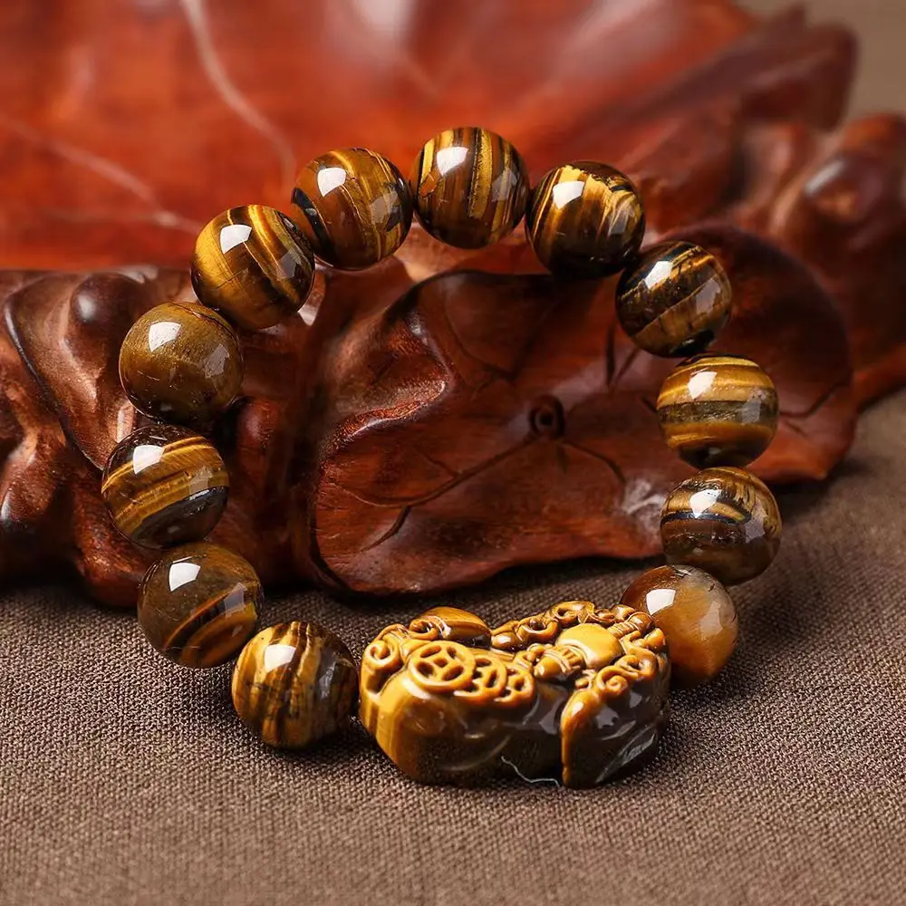 Yellow Tiger Eye Stone Bracelet Men Women Fine Jewelry Genuine Natural Tigers Eye Crystal Healing Stones Fengshui Pixiu Bracelet