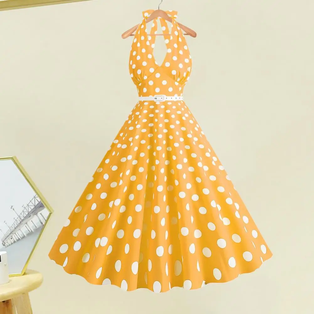 Women Printed Dress Elegant Retro A-line Midi Dress with Lace-up Halter Neck Contrast Color Print for Parties Weddings Proms