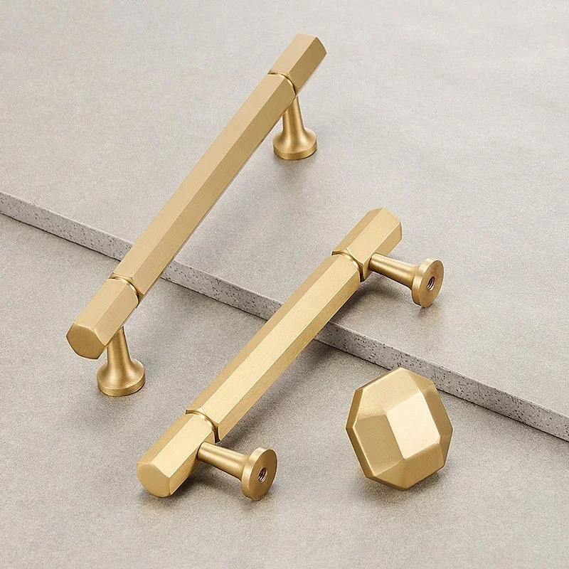 Brass cabinet door handles hexagonal modern light luxury pure copper cabinet drawer wardrobe door handles solid