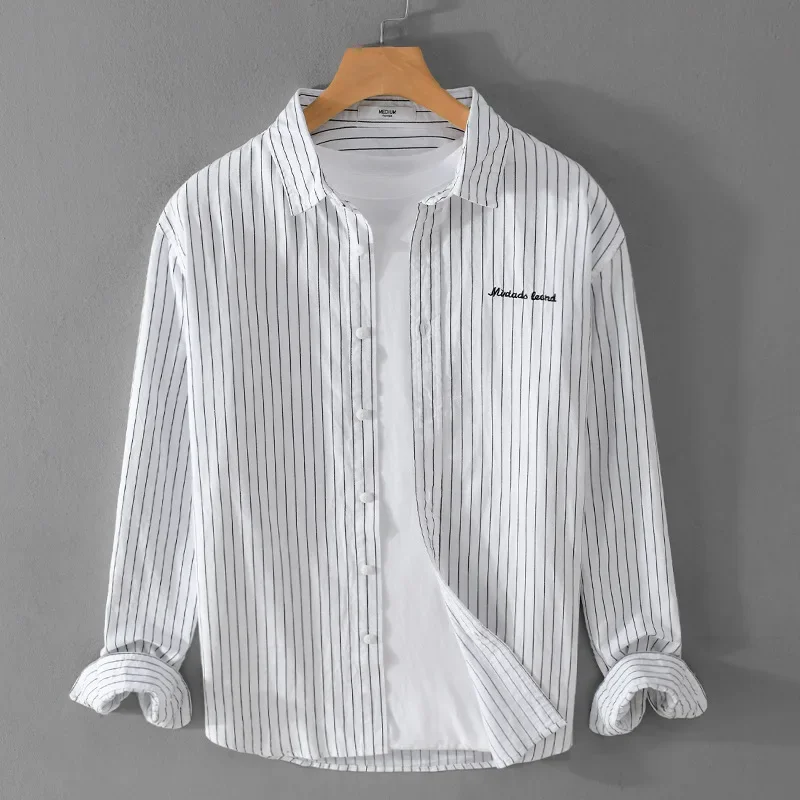 

Harajuku Striped Mens Shirts Long Sleeve Pring Fall Daily Casual Shirts Slim Lapel 100% Cotton Button Up Shirt Men Simple Top