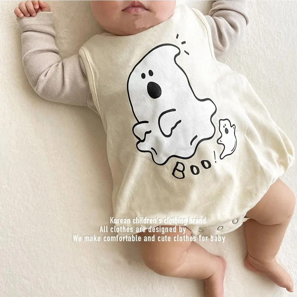 Spring New Baby Romper Ins Halloween Korean Ghost Print Sleeveless Bodysuit with Hat 2pcs  Newborn Outfit For Party Daily Wear
