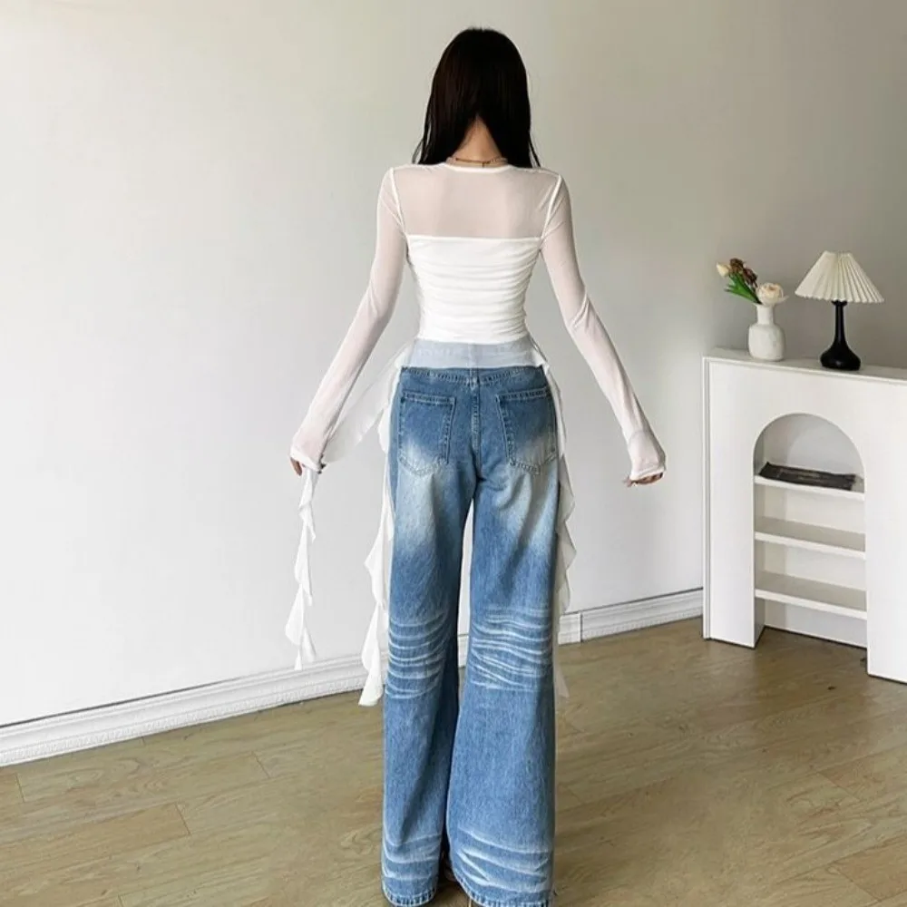 الشارع الشهير قنديل البحر شبكة حزام تي شيرت قزم كم طويل الكورية Y2K Ins سليم صالح المحاصيل القمم شفافة مطوي طوق #1