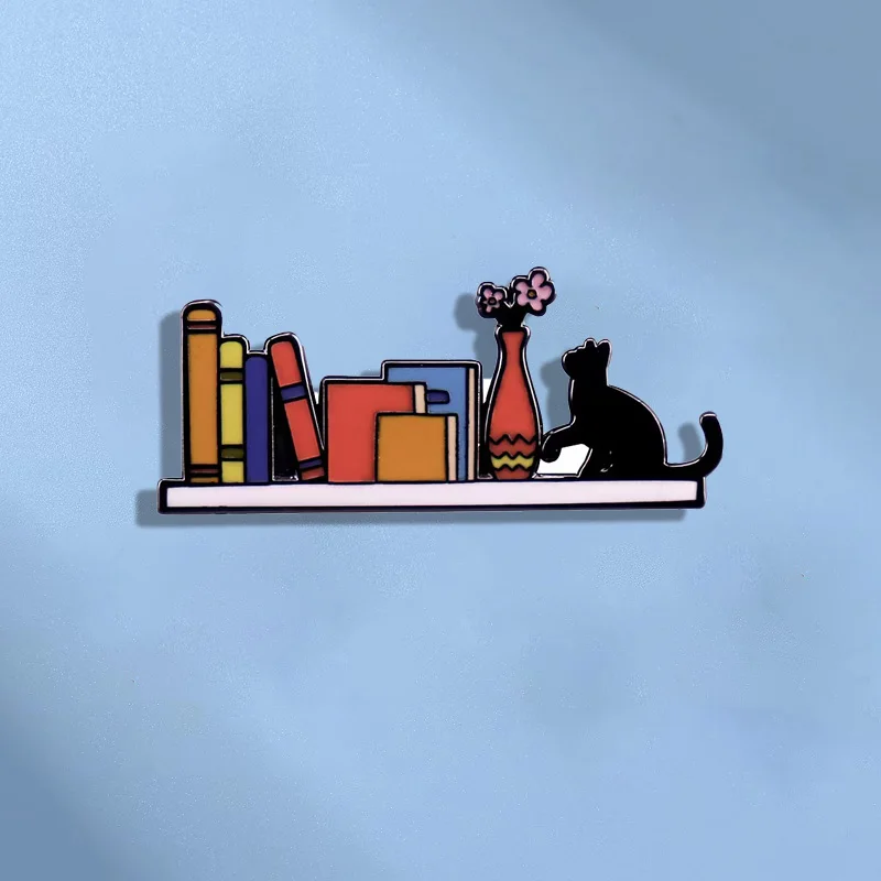Cat and Bookshelf Fashion Enamel Pin Cute Black Cat Badge Women's Brooch Student Backpack Accessories Friends Jewelry Gift