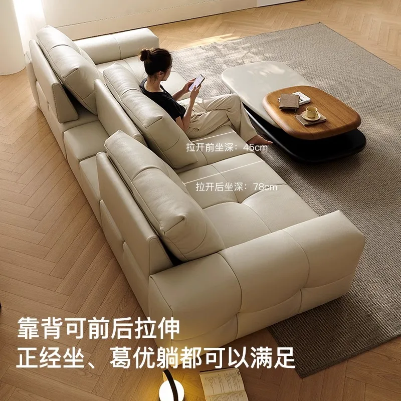 Pixel Leather Sofa Cream Style First Layer Cowhide Living Room Straight Row Horizontal Hall Adjustable Large Sitting Deep Leathe
