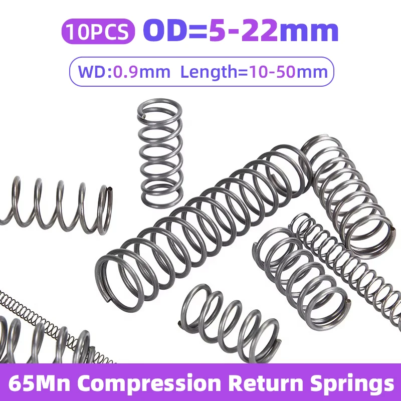 

Creamily 10Pcs Pressure Spring 65Mn Compression Cylidrical Return Spring Wire Diameter0.9mm Outer Diameter 5-22mm Length 10-50mm