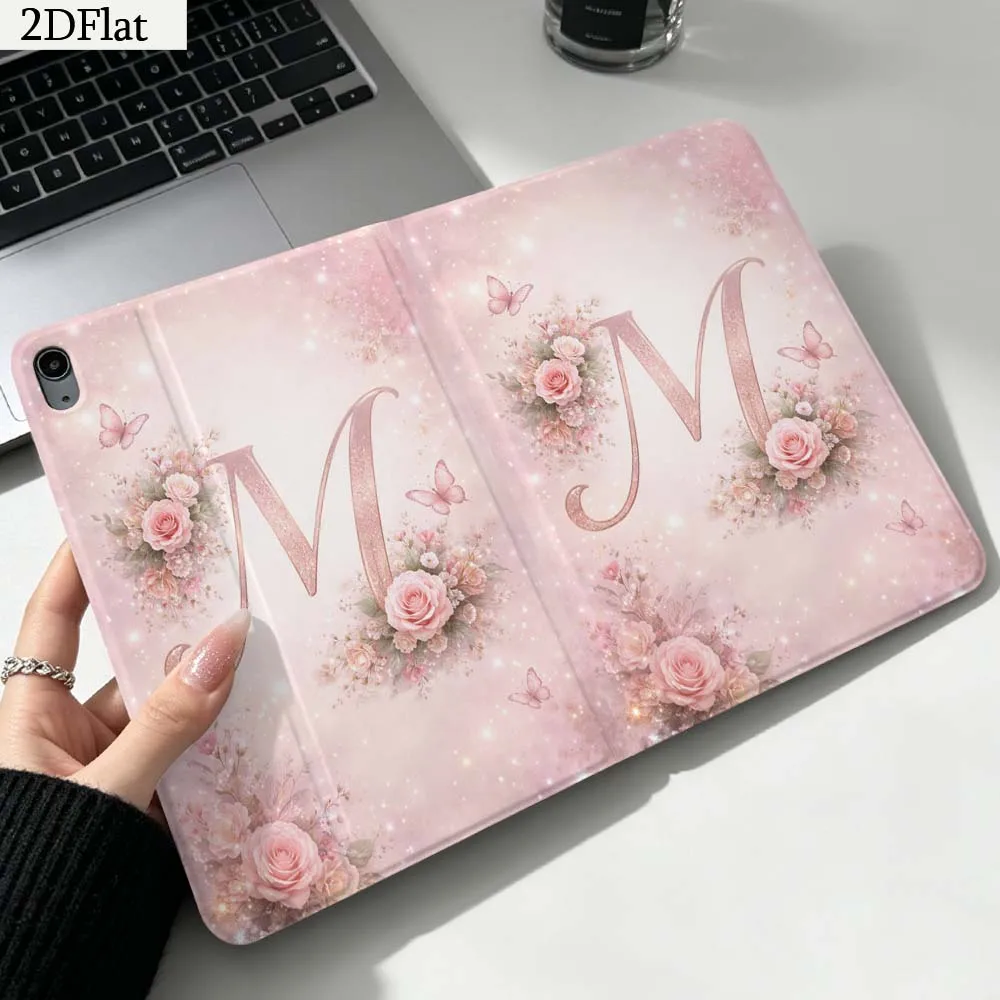 Printing Pink Floral Letter M Gift For iPad Pro mini Air A16 A14 6 5 4 6th 7 7th 11th 9Gen 13 M5 11 A17 Pro M4 Inch Tablet Case