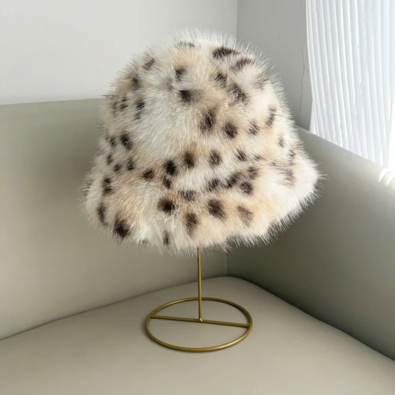 2pcs New autumn and winter faux lynx fur scarf and hat set leopard print plush fisherman hat thickened for outdoor wear