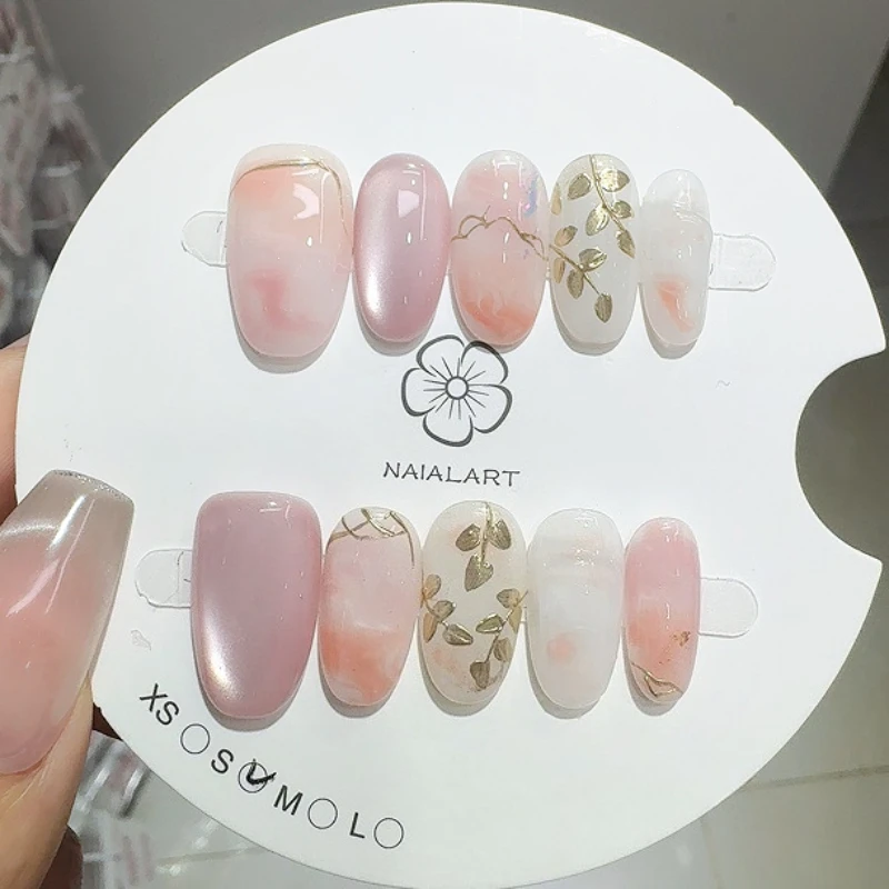 

10PCS Handmade Press on Nails Cat Eye Wearing Section Elliptical Nail with Three-dimensional Lines and Leaf Pattern Fake Nails