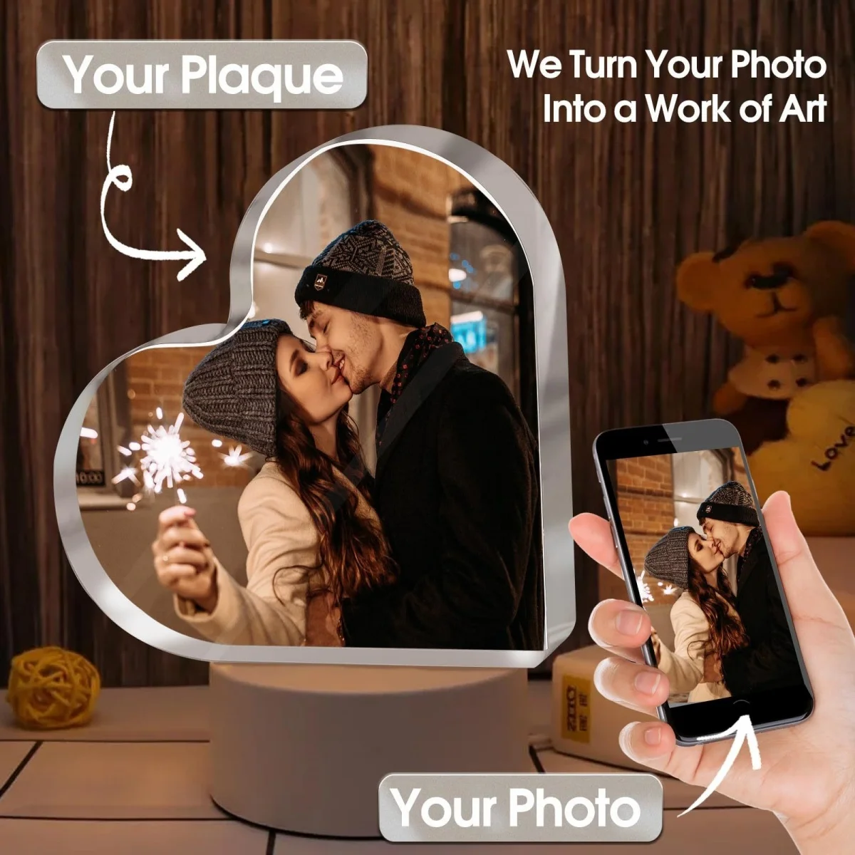 Custom Heart-Shaped Acrylic Photo Decoration—Suitable for Wedding Anniversaries, Birthdays, Weddings, Thanksgiving, Christmas, V