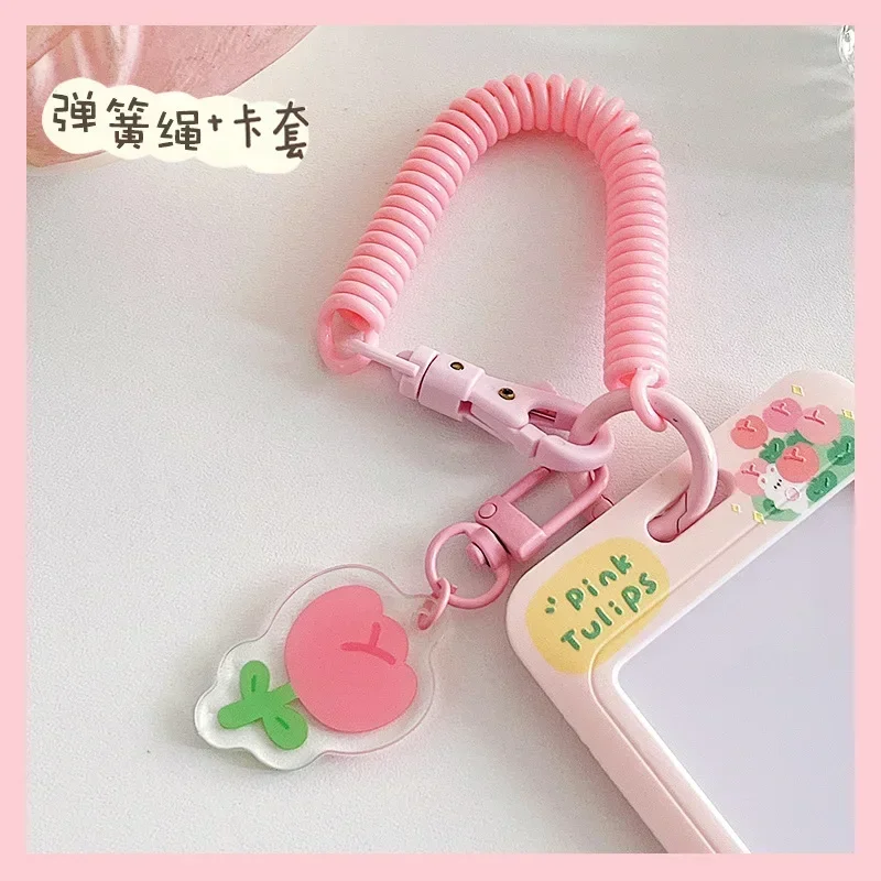 Students ID Bus Card Holder Tulip Bear Rabbit Card Holder with Elastic Rope Credit Cards Protectors Sleeve Pink Bank Cards Cover