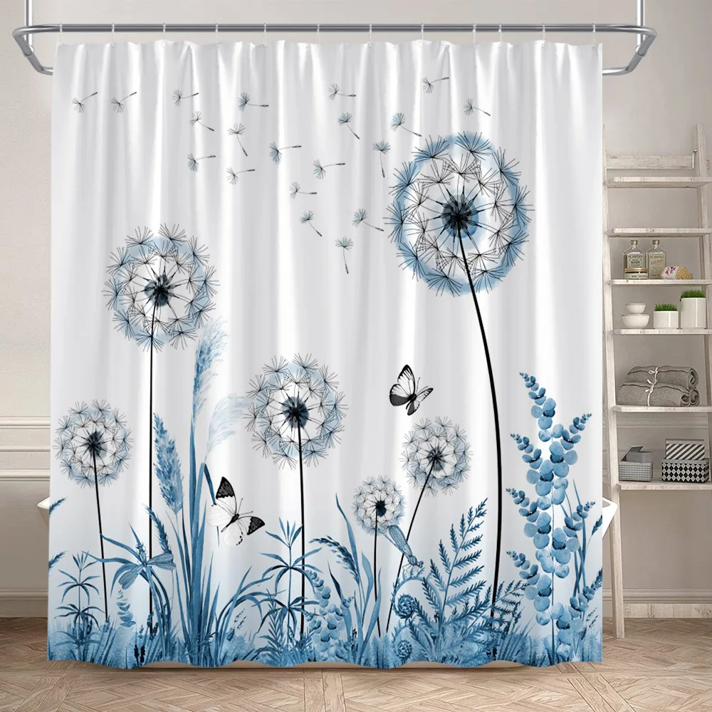 Blue Floral Shower Curtain Watercolour Plants Flowers Dandelion Modern Simple Bathroom Curtains Set Polyester Fabric Home Decor