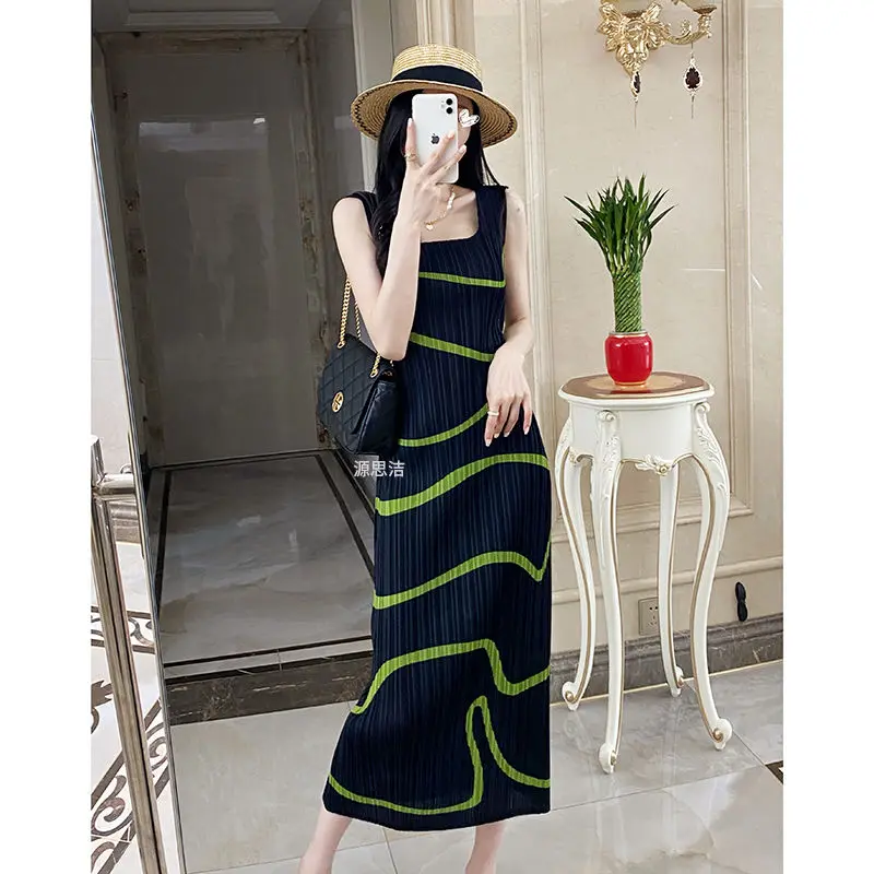 Rugged French Vintage Square Neck Dress Women Summer 2023 Casual Contrast Stripe Slim Sleeveless Tank Top Dress Female Tops