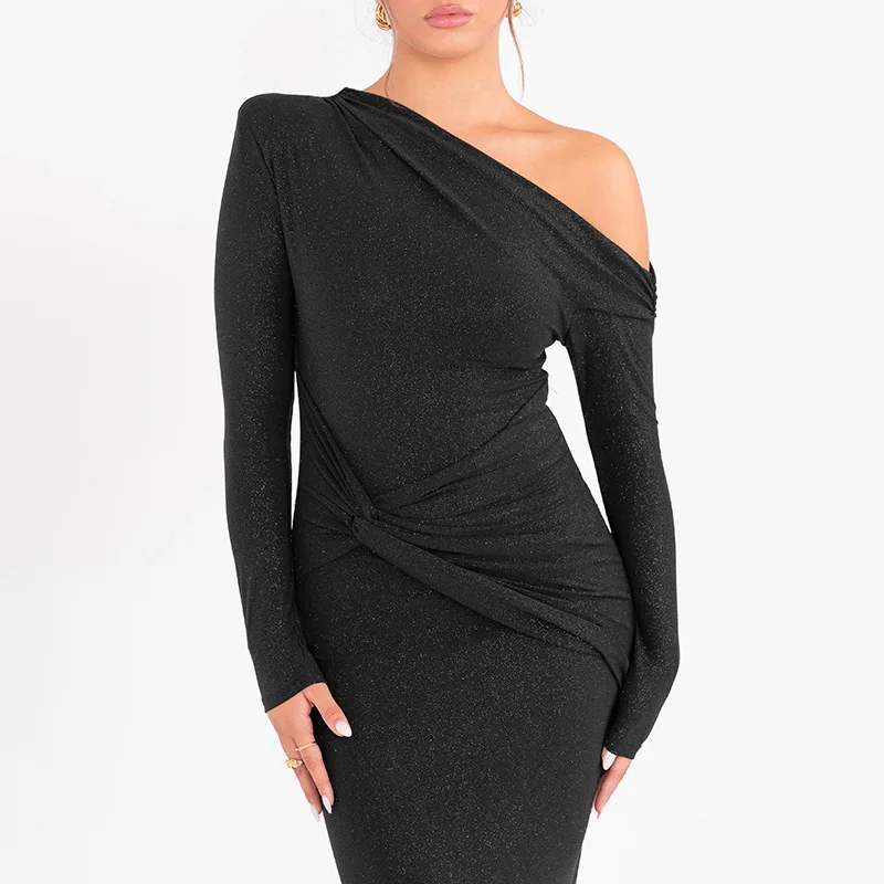 Vestido adelgazante plisado Sexy a la moda para mujer 2026 Otoño/Invierno nuevo vestido largo de manga larga con hombros descubiertos