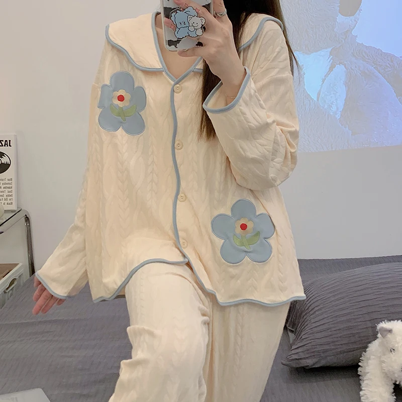 Adorable Girl's plus Size 300 Pounds Sleepwear Set Long Sleeve Long Pants Home Clothes Two-Piece Set Sweet Style Polyester Fiber