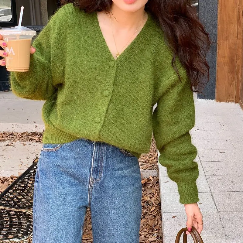 

Корейский повседневный однотонный однобортный свитер с длинными рукавами, верхняя одежда T470, осенний новый вязаный кашемировый кардиган с v-образным вырезом для женщин