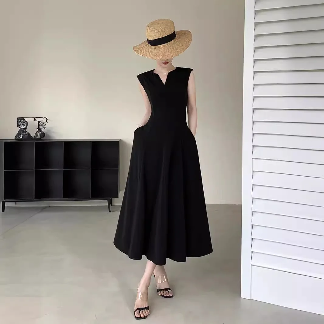 

2025 Summer New Waist Slimming Temperament Elegant Commuter Long Skirt Korean Sexy Black Dress Vestidos De Mujer