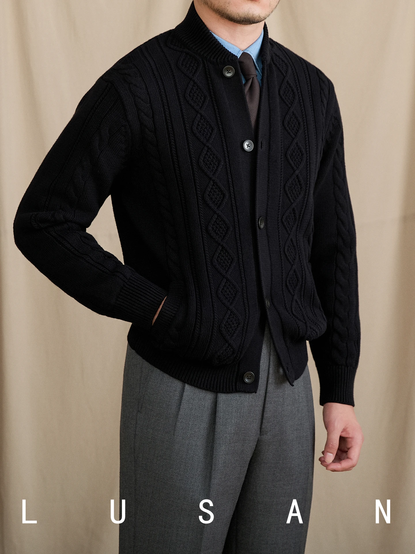 High-End Autumn and Winter Thermal Pure Cotton Henry Collar Woven Cardigan High Texture British Casual Jacket Trendy Men