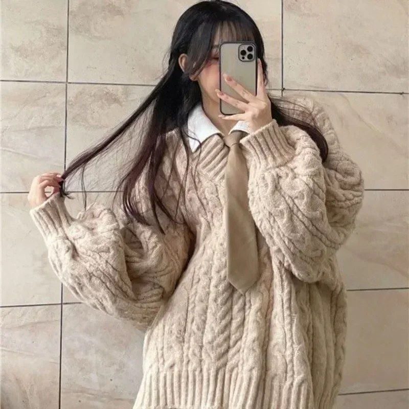 Harajuku Sweater Women Winter Oversized Knitted Pullovers Korean Long Sleeve V Neck Knitwear Preppy Solid Loose Jumper Sweaters