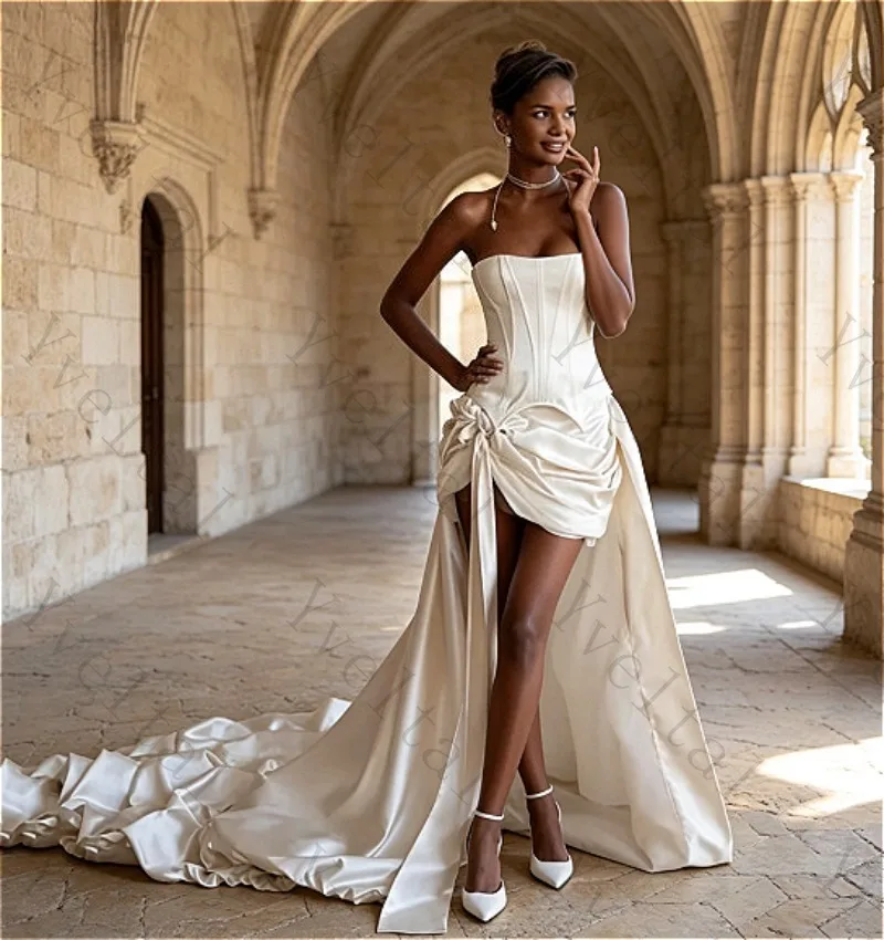 Customized Graceful Temperament A-Line Wedding Dresses Exquisite Unique Charming Strapless High Low 2 Pieces Bridal Gown