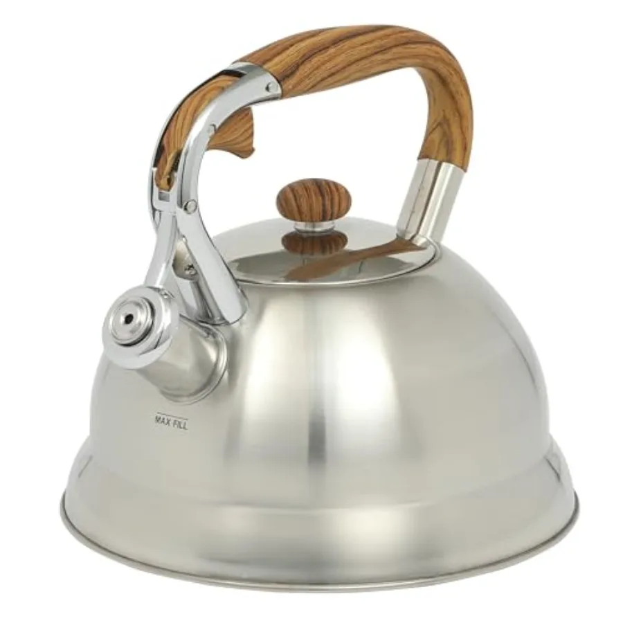 

Woodmont 2-Quart Tea Kettle With Wood Handle, Stovetop Whistling Kettle, Durable Fast-Boil Tea Pot