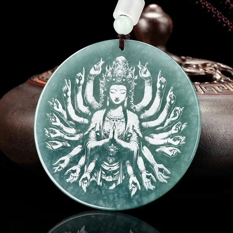 Natural blue water shadow sculpture thousand-handed Guanyin Bodhisattva ice pendant for men and women