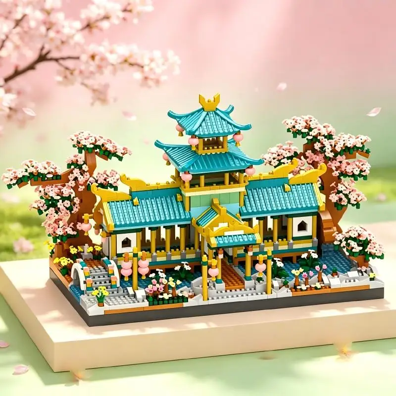 Chinese Ancient Pavilion Micro BuildingBlocks, Sakura Garden Street View Model, DIYAssembly Decor Gift for Adults & Kids.