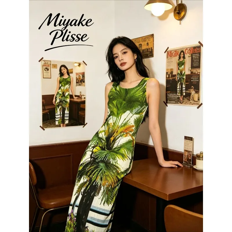 Miyake Pleated 2026 Forest Style Coconut Tree Vertical Pleated Dress Round Neck Sleeveless Slim Fit Beach Vibe Long Tank Dress