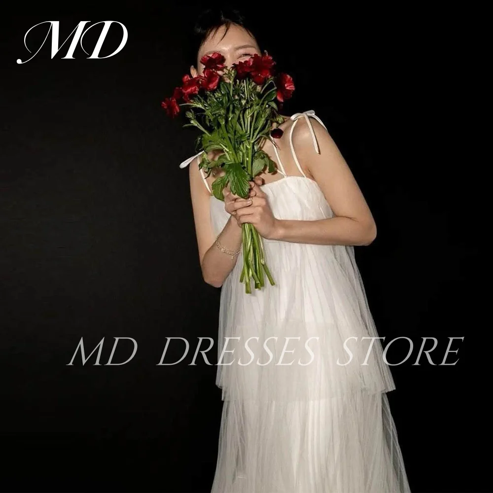 MD 2025 Simlpe Straight White Wedding Party Dresses Tiered Pleat Spaghetti Strap Korea Photo shoot Bride Gowns Customized