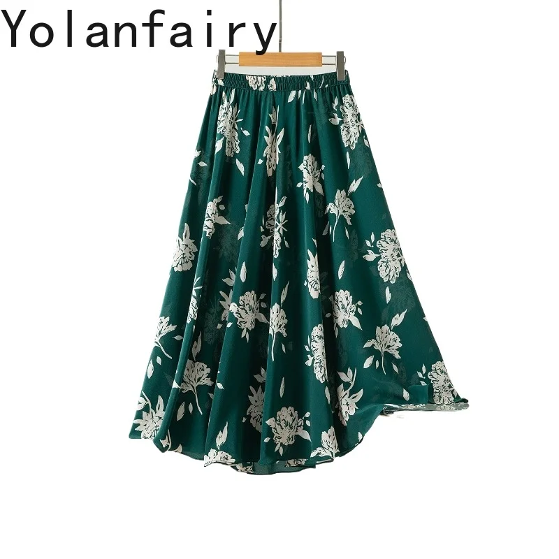

YOLANFAIRY 100% Real Mulberry Silk Skirts for Women 2026 Silk Double Crepe Printed Skirt Woman Korean Style Green Floral Skirt
