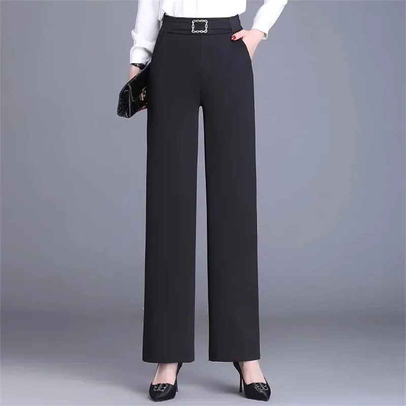 

Summer Thin Elastic Suit Straight Wide Leg Pants Elastic Waist Women's Long Pants Temperament Slim Female Black Trousers