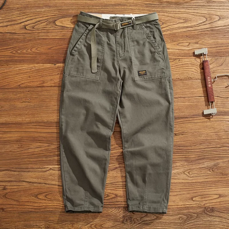 Vintage cargo pants men's cotton wash loose large size simple conical straight leg casual pants