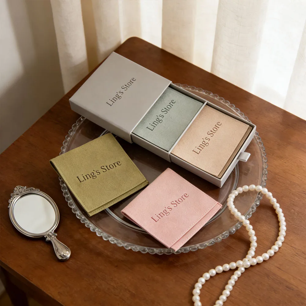 

7x7x1.7cm Grey Drawer Jewelry Box Can Custom Print Logo Velvet Bag Microfiber Pouch Jewellery Organizer Wedding Gift Storage