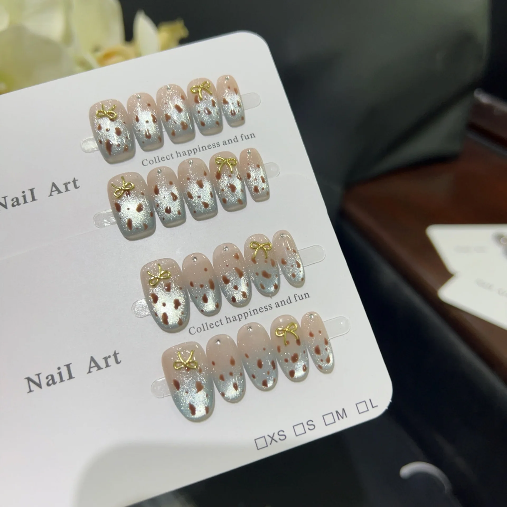 

10PCS Shiny Blue Cat Eye French Handmade False Nails Sweet Cool Leopard Print Bowknot Press on Nails Retro Fake Nails for Girls