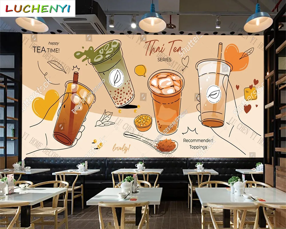 

Custom bubble tea Thai tea mural wallpaper restaurant tea time drinking shop kitchen dining room wall papers home decor sticker