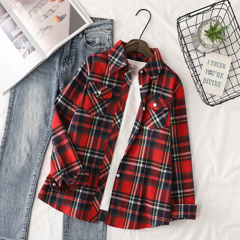 Cotton Flannel Plaid Shirts Women 2024 Autumn New Female Casual Slim Fit Long Sleeve  Blouses & Tops Ladies Checkered Clothes