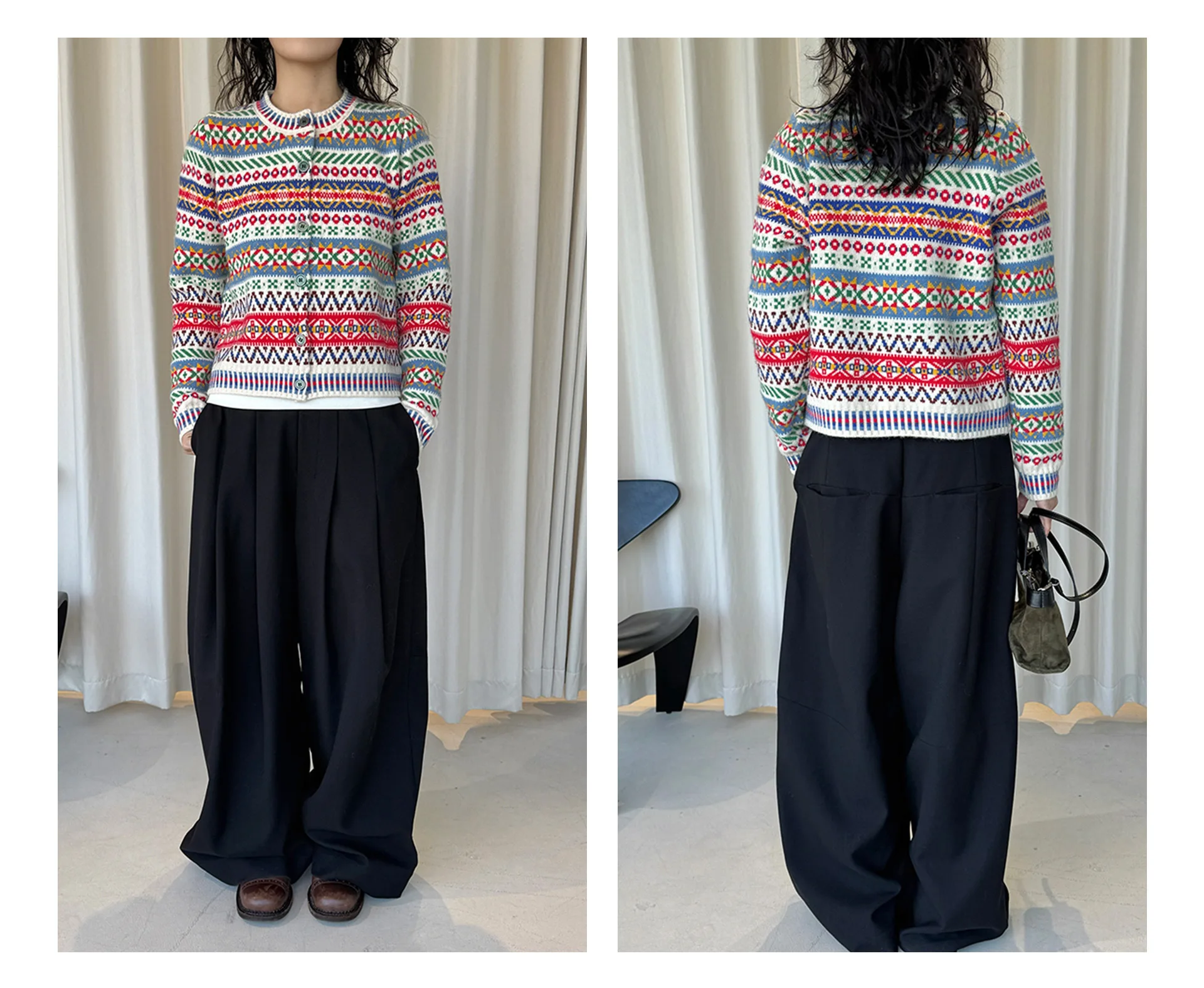 الربيع الرجعية العرقية نمط كتلة اللون الجاكار محبوك الصوف سترة مريحة الدافئة للنساء