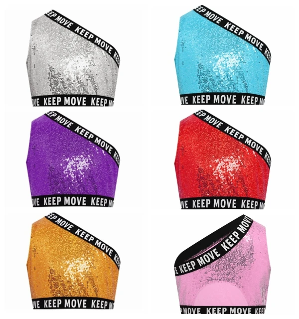 Costume da ballo jazz per ragazze Fahison monospalla con paillettes Canotta corta senza maniche con stampa di lettere Gilet lucido Streetwear