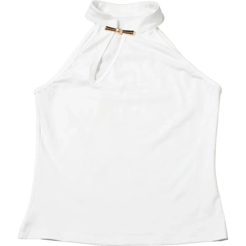 Women Solid Metal Buckle Tank Crop Tops Sexy Hollow Out O-neck Sleeveless Slim Casual Streetwear Vests Female Summer Tees