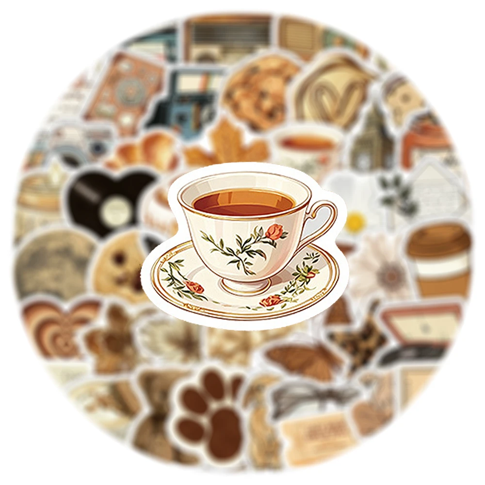 10/30/50pcs Retro Coffee Cake Food Cartoon Stickers Brown Art Aesthetic Graffiti Decals Luggage Skateboard Phone Sticker Packing