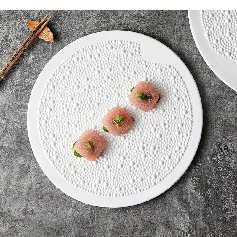 Pure White Bead Dot Ceramic Flat Plate Dessert Pasta Sushi Plates Restaurant Molecular Cuisine Specialty Tableware