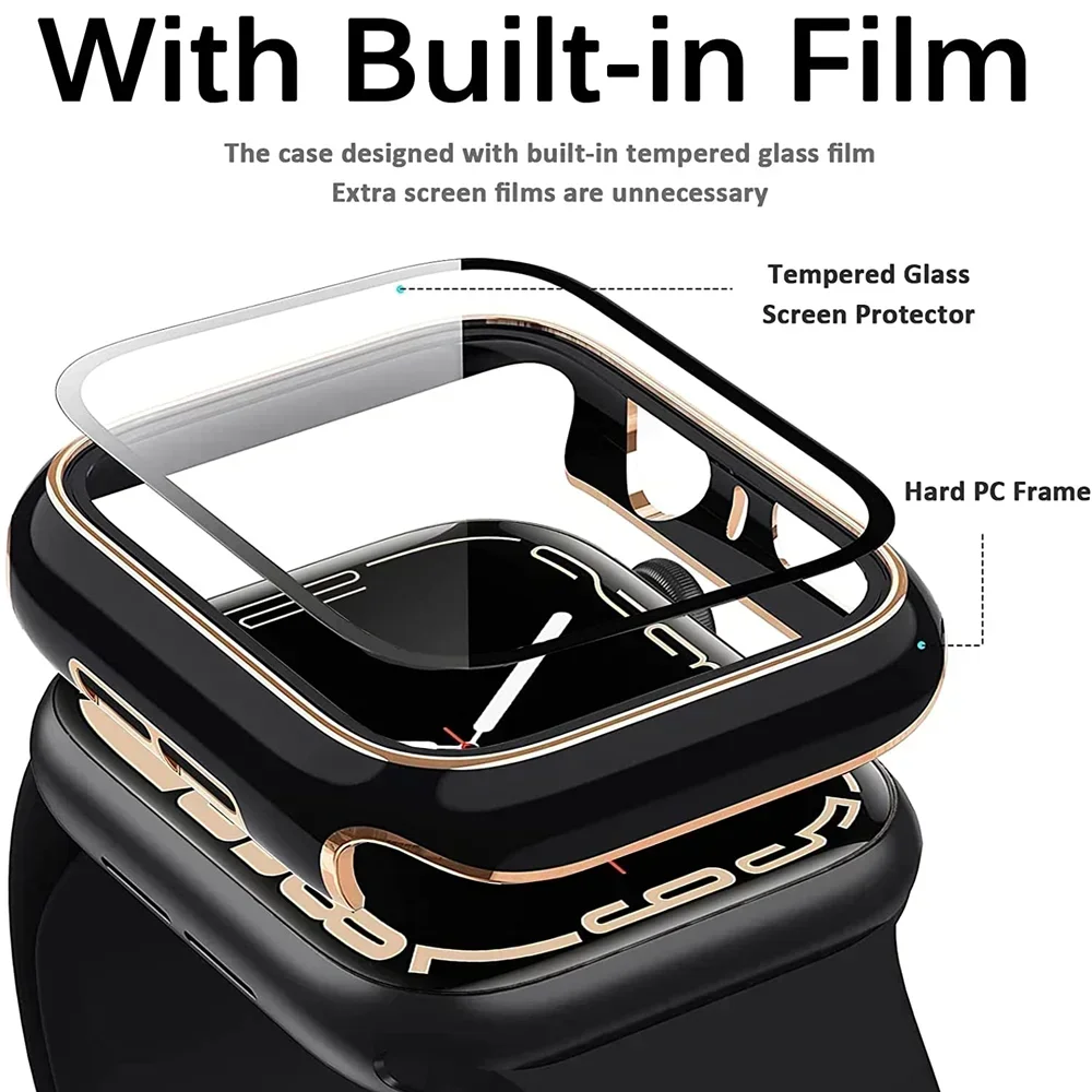 PC Bumper Tempered Glass Cover For Apple watch Screen Protector Case 45mm 41 44mm 40 42mm 38mm For iWatch series 8 7 SE 6 5 4 3