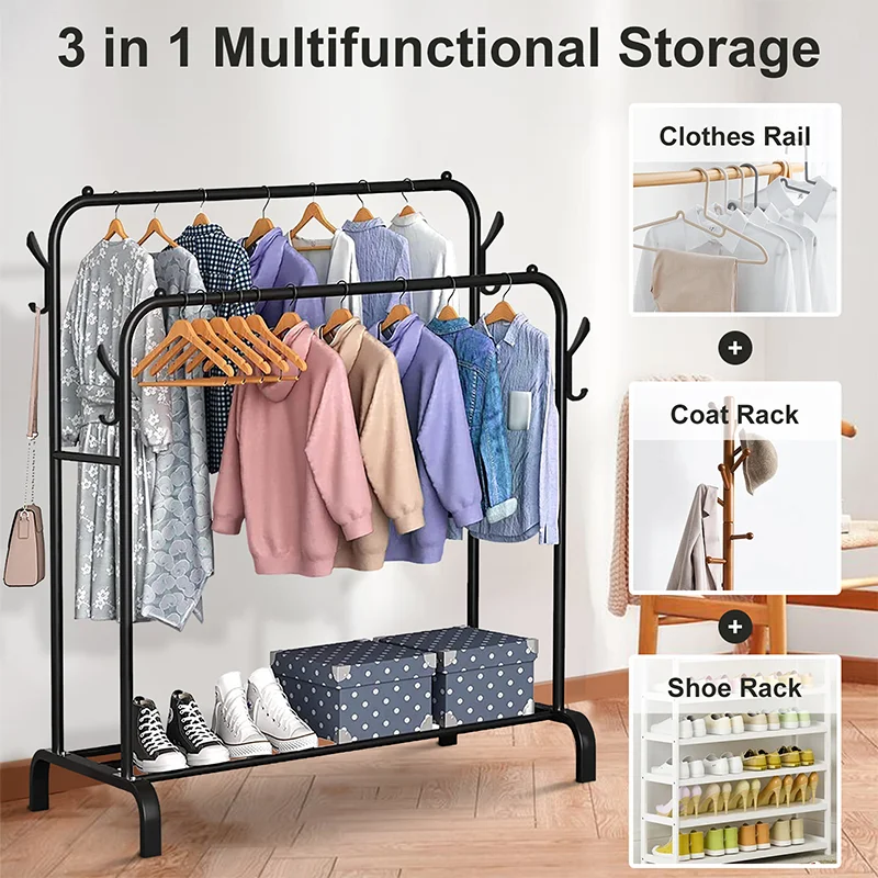 Dual Rails Stehender Kleiderständer Kleiderständer Schuhe Organizer Kleiderbügel Wohnzimmer Möbel Aufbewahrung Sh – Detail 1