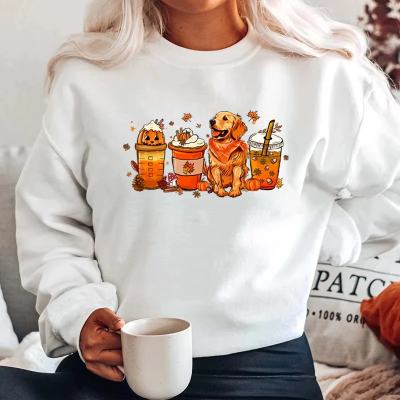 

Fashion Fall Pumpkin Coffee Golden Retriever Print Hoodeless Pullovers For Women Cool Print Autumn And Winter Ladies Sweatshirts