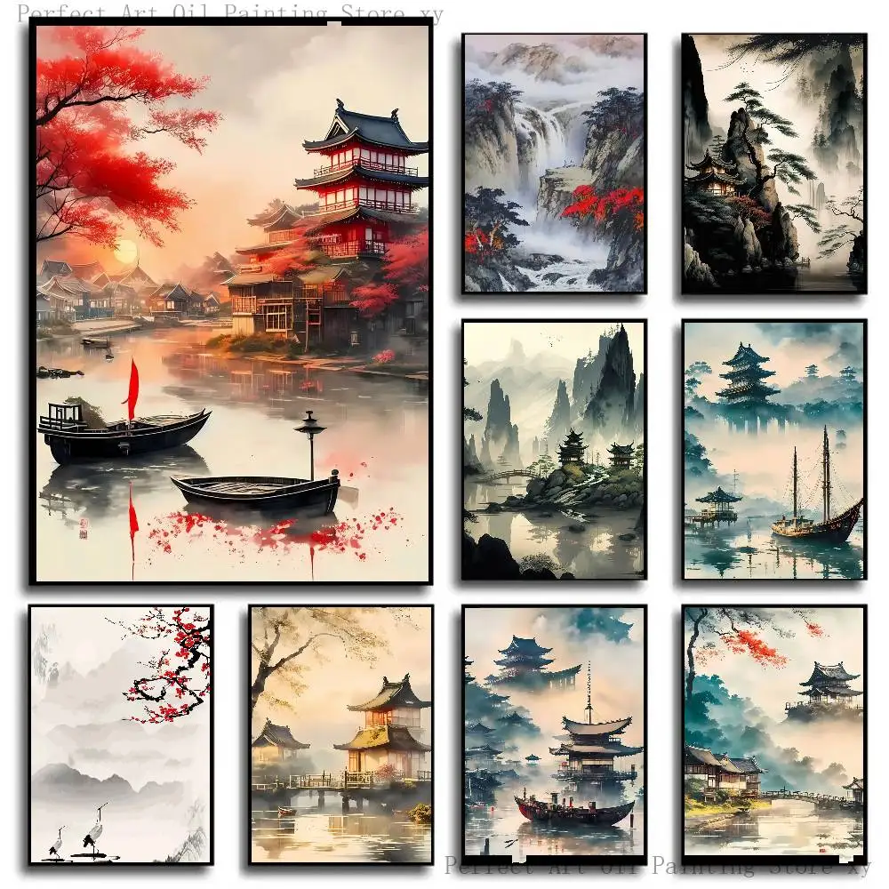 Chinese Landscape Forest Mountain River Posters Living Room Bar Cafe Quality Canvas Vintage Style Comics Painting Art Home Wall
