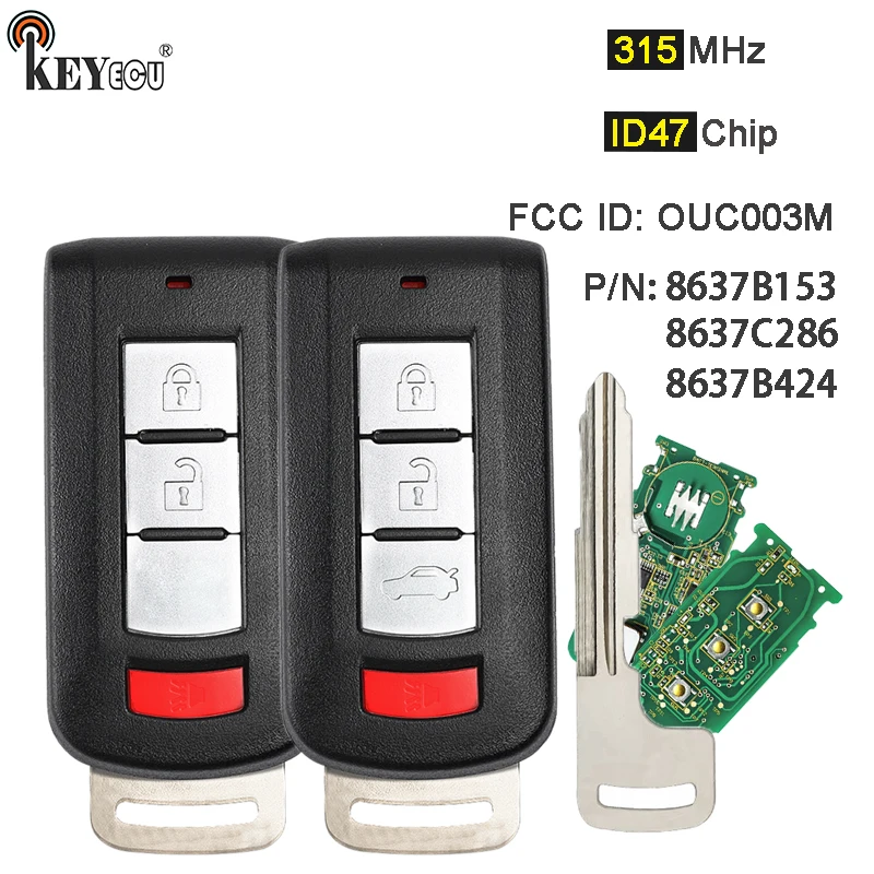 KEYECU 315MHz ID47 Chip FCC ID: OUC003M P/N: 8637B153 8637C286 8637B424 Smart Remote Key Fob for Mitsubishi Mirage 2013-2020