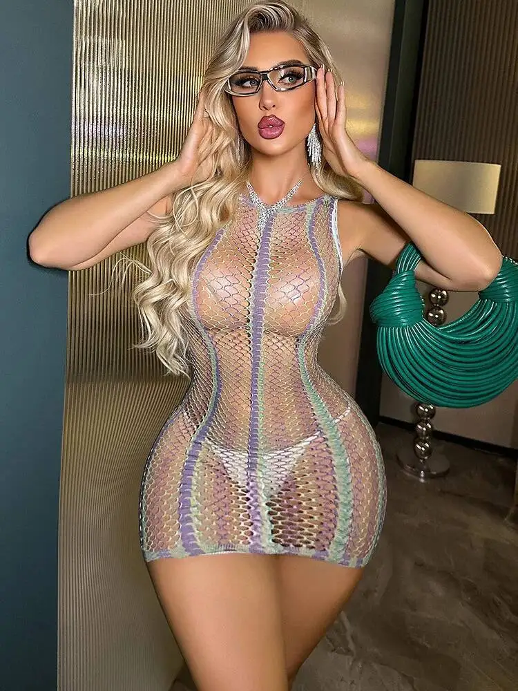 Printed Craft Sexy Bodycon Dress Elegant Style Fishnet Stockings Dress Hanging Neck Hollow Out Wrap Hip Dress Sleeveless 319C