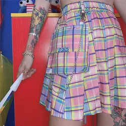 Harajuku Plaid Skirts Women Kawaii High Waist A-line Pleated Mini Skirts Rainbow Korean Japanese School Uniform