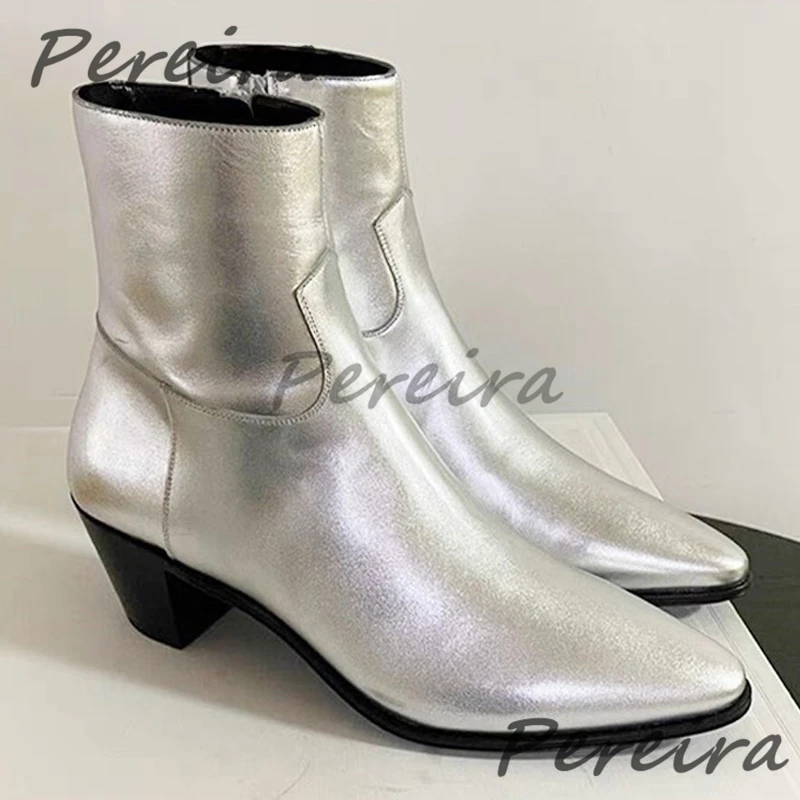 

Autumn Winter New Men's Chelsea Boots Silver Genuine Leather Pointed Toe High Heels Booties British Style Fashion Male Shoes